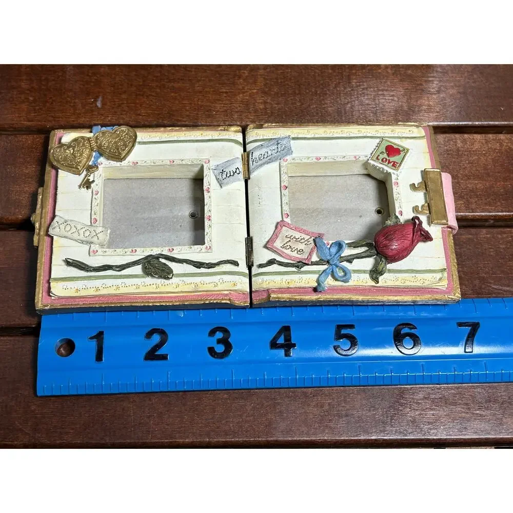 Vintage Sculpted Resin Book Style Double Photo Frame Heart Cottage Shabby Chic